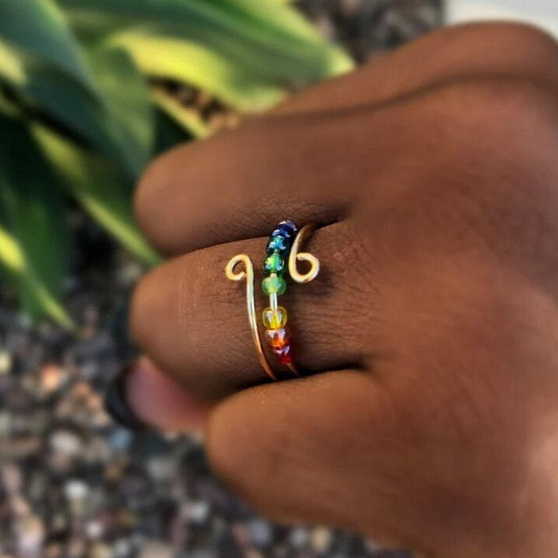 Bohemian Rainbow Beads Anxiety Ring Rotate Freely Anti Stress Fidget Spinner Rings For Women Girls Fashion Wedding Jewelry