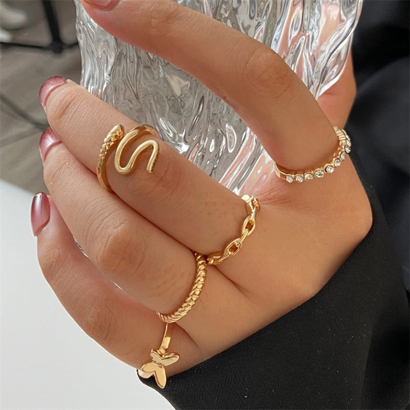 Bohemian Wave Flower Rings Set For Women Vintage Geometric Pearl Butterfly Metal Chain Knuckle Rings 2022 Trendy Jewelry Gift