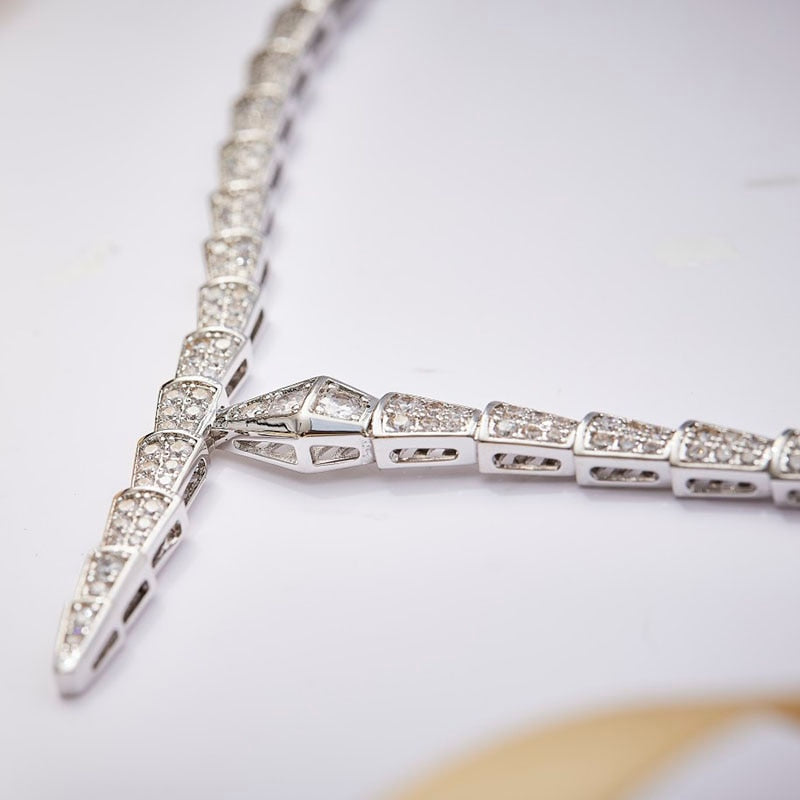 2022 New Sterling Silver Color Beautiful Double Row Diamond Narrow Snake Necklace Collar For Women Party Birthday Luxury Jewelry