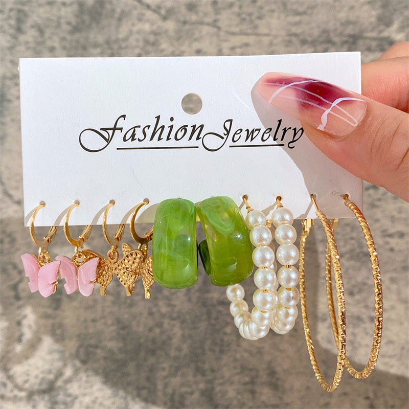 17KM Bohemian Gold Color Pearl Earrings Set For Women Girls 27 Styles Butterfly Acrylic Resin Hoop Earring Brincos Party Jewelry