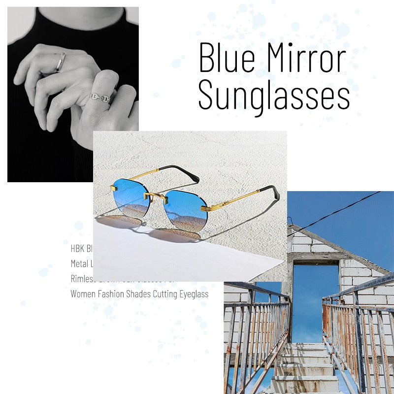 HBK Blue MIRROR Frameless Gold Metal Ladies Sunglasses Men Rimless Brown Sun Glasses For Women Fashion Shades Cutting Eyeglass