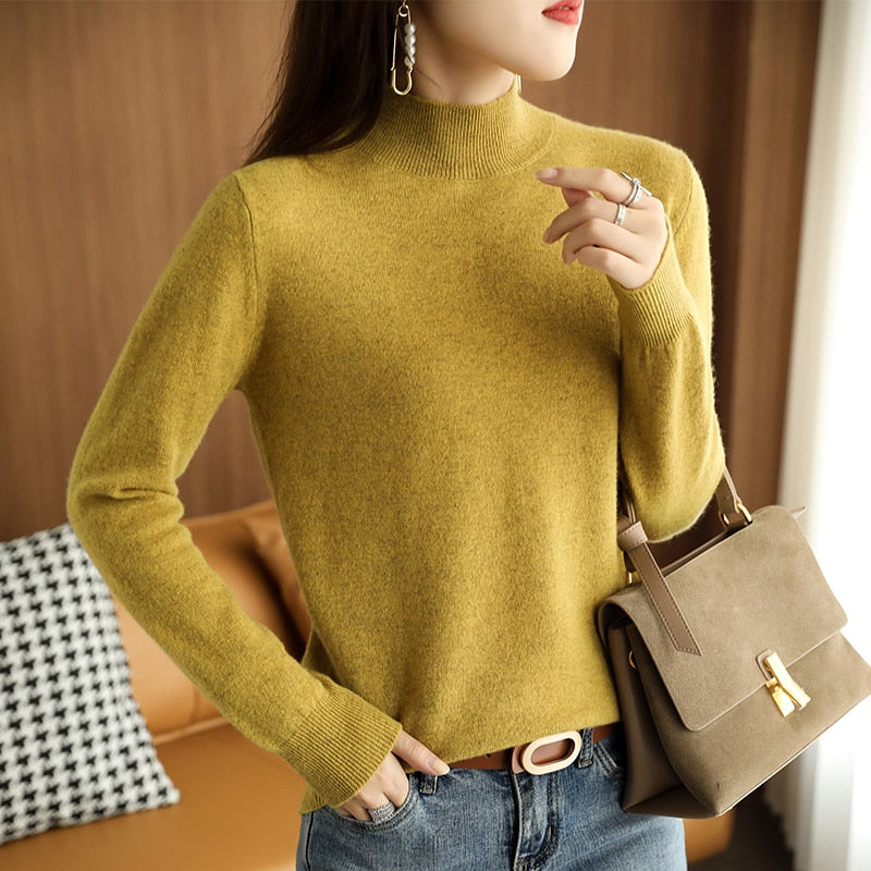 21 Autumn Winter New Half Turtleneck Sweater Women's Large Size Loose Basic Pure Color Wild Knitted Bottoming Shirt Soft Stretch