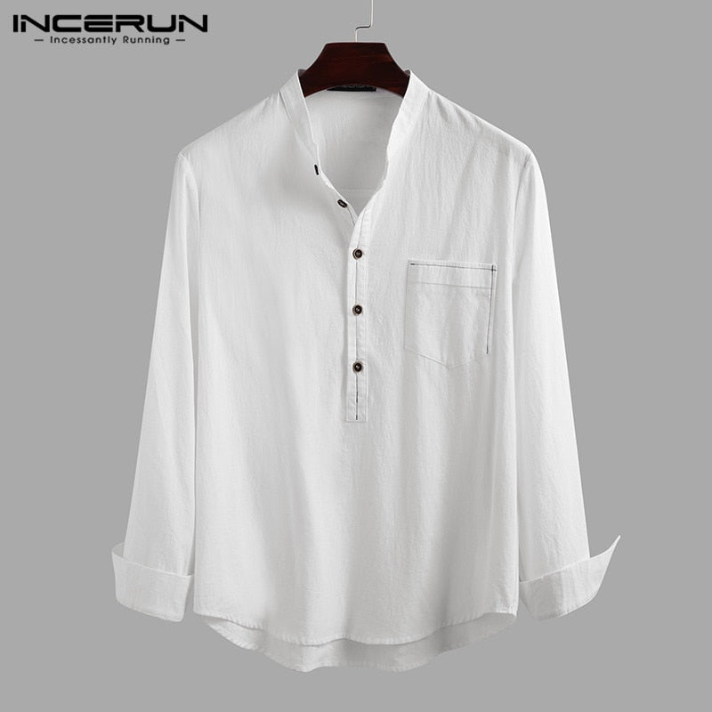 INCERUN Men's Casual Shirt Cotton Solid Color Long Sleeve Blouse Chic Stand Collar Fashion Handsome Tops 2022 Streetwear Camisas