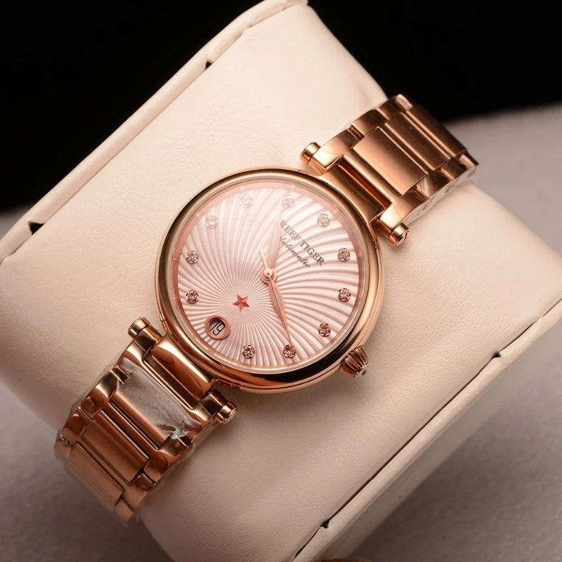 Reef Tiger/RT Top Brand Luxury Automatic Mechanical Women Watch Rose Gold Case Diamond Dial Bracelet Ladies Watches Date Clock