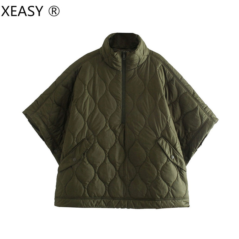 XEASY Women Jacket Capes And Poncho Autumn Woman Clothes Solid Quilted Coats Zippers Cardigan For Women Casual Oversized Jacket