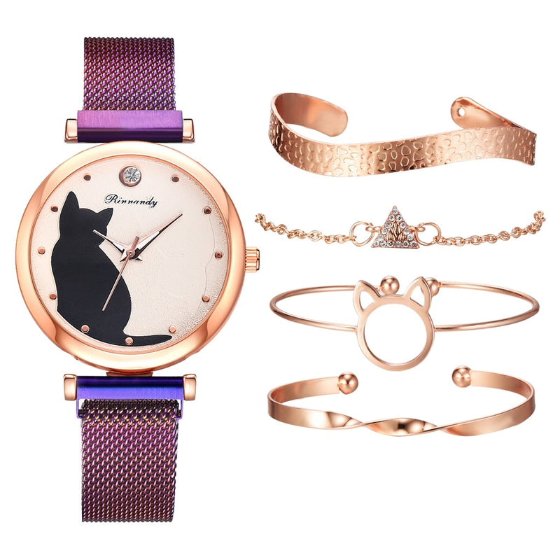 Fashion Watch Set Women 5pcs Quartz Wristwatch Mesh Bracelet Cat Dial Luxury Woman Watch Casual Ladies Clock Relogio Femenino