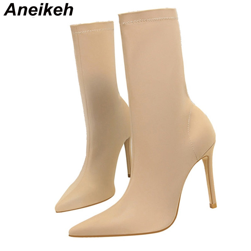 Aneikeh Slim Stretch Ankle Boots for Women Pointed Toe Sock Boots Square High Heel Boots Shoes Woman Fashion Bota Feminina 41