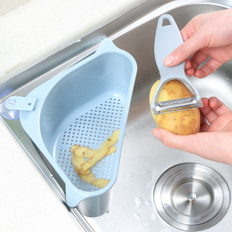 Kitchen Triangular Sink Strainer Drain Fruit Vegetable Drainer Sponge Rack Storage Tool Basket Suction Cup Sink Filter Rack Tool