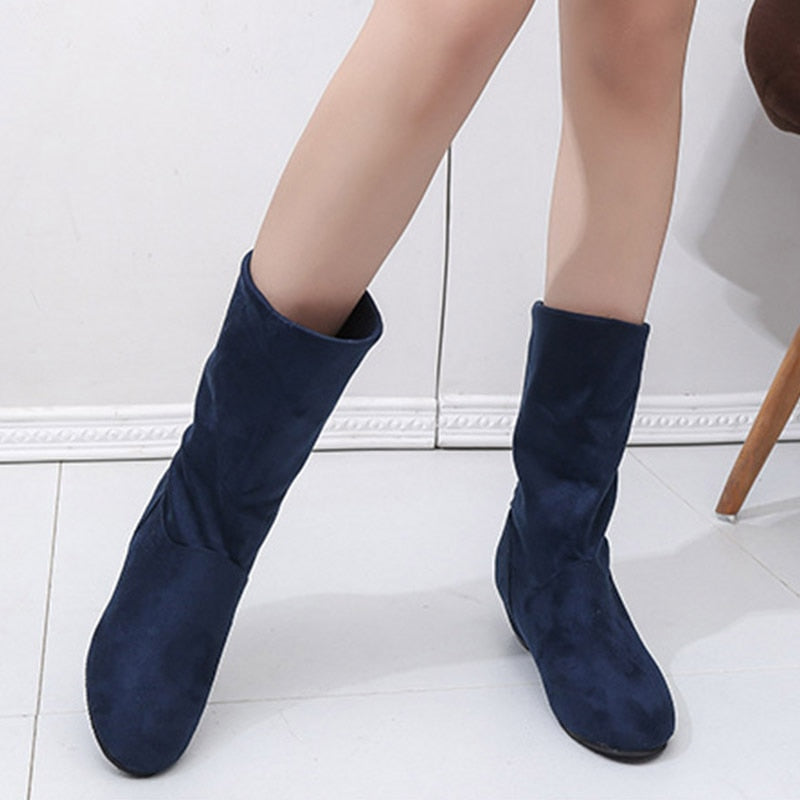 2022 Autumn Winter Women Boots Mid-Calf Martin Boots Brand Fashion Female Stretch Cotton Fabric Slip-on Boots Flat Shoes Woman