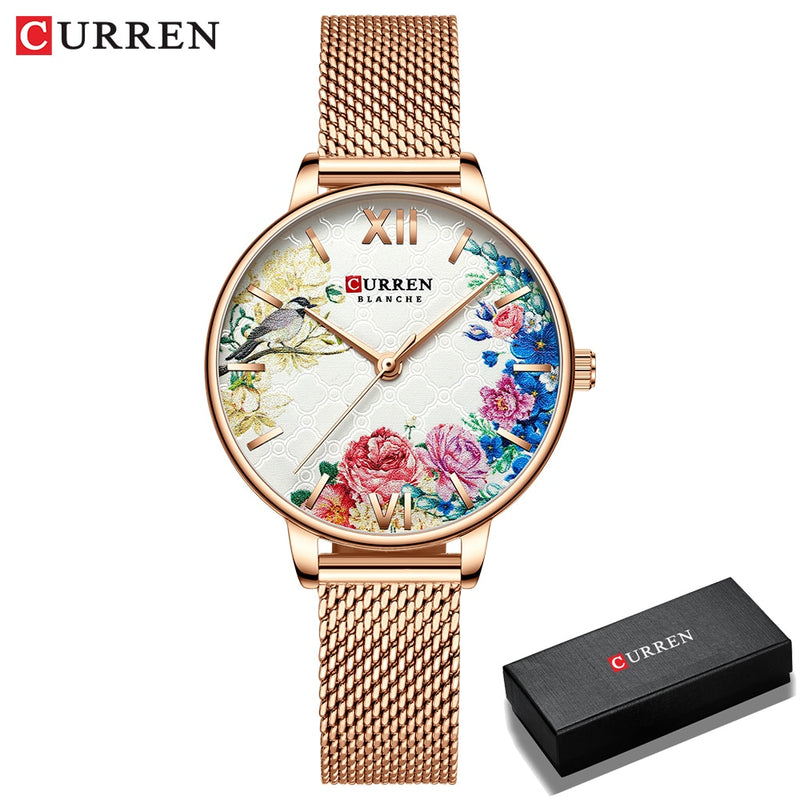 CURREN Women Quartz Watches Elegant Charming Wristwatch for Ladies Stianless Steel Mesh Band Flower Clock Female