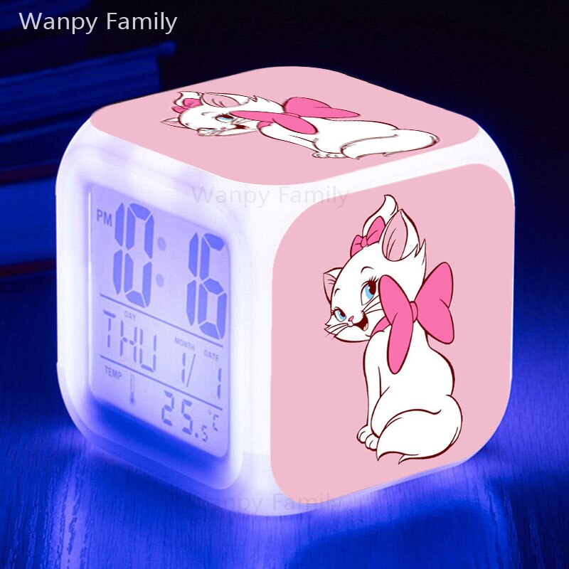 Cute Marie Cat Alarm Clock 7 Color Glowing LED Digital Clock Kids Room Touch Sensing Small Night Lamp Desk Clock Gift For Child