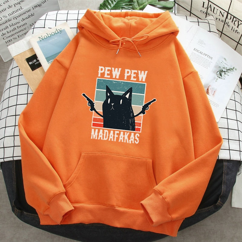 Pew Pew Madafakas Black Cat Funny Print Mens Hoodie Harajuku Ullzang Streetwear Anime Sweatshirt Warm Casual Oversized Hoody