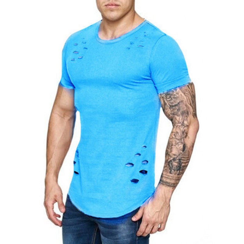 IceLion 2021 New Spring Short T Shirt Men Fashion Hole Design Fitness T-shirt Summer Short Sleeve Solid Slim Fit Hip Hop Tshirt