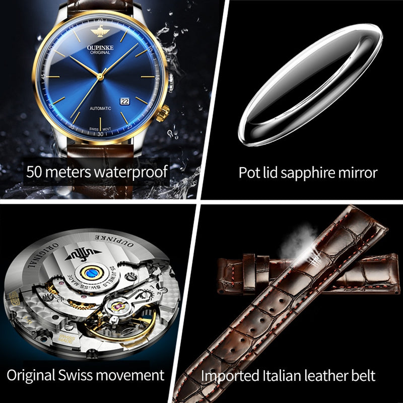 OUPINKE Original Mechanical Watches for Men Luxury Real Diamond Sapphire Crystal Roman Numerals Business Dress Style Wrist Watch