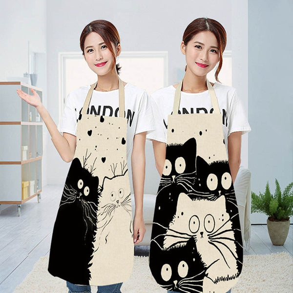 Kitchen Apron Home Cleaning Tools Cotton Linen Waterproof 68x55cm Sleeveless Waist Bib Easy Cleaning Cute Cartoon Cat Printed