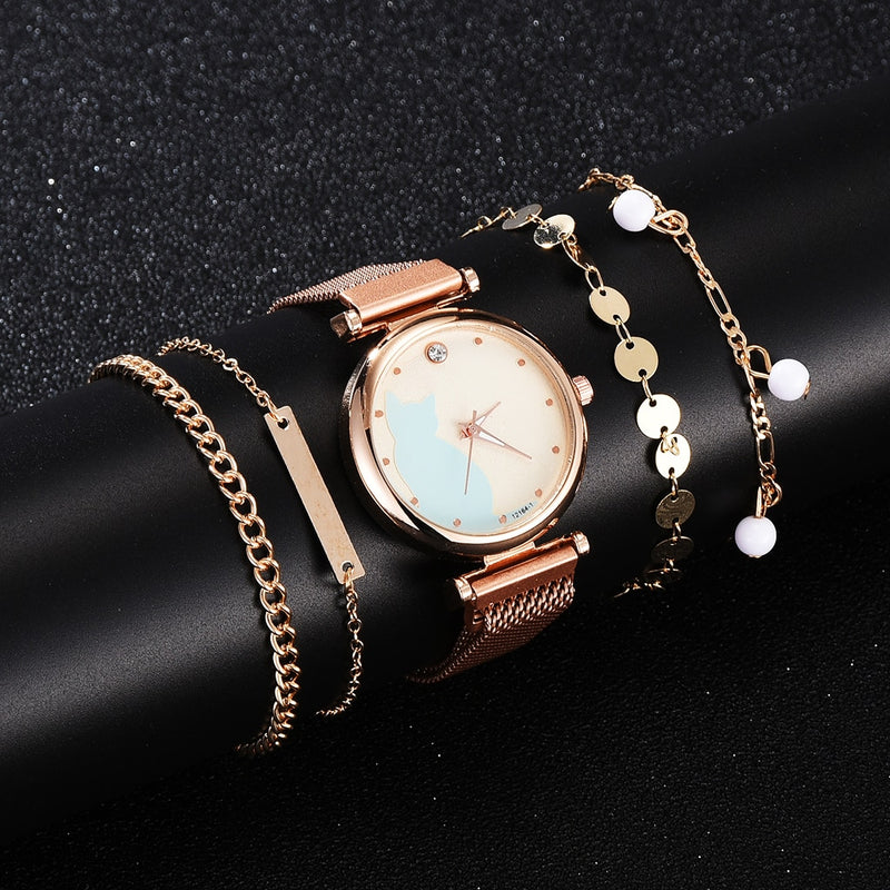 Fashion Watch Set Women 5pcs Quartz Wristwatch Mesh Bracelet Cat Dial Luxury Woman Watch Casual Ladies Clock Relogio Femenino