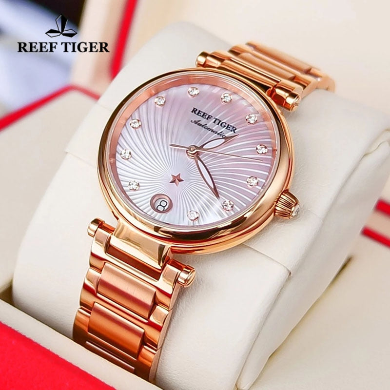 Reef Tiger/RT Top Brand Luxury Automatic Mechanical Women Watch Rose Gold Case Diamond Dial Bracelet Ladies Watches Date Clock