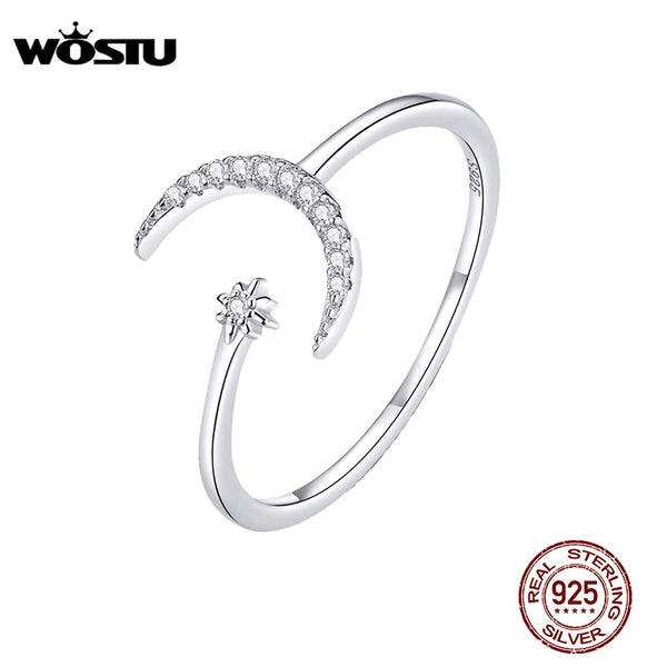 WOSTU Real 925 Sterling Silver Moon Wedding Opening Rings For Women Dazzling Zircon Adjustable Rings Fine Jewelry Gift CQR569