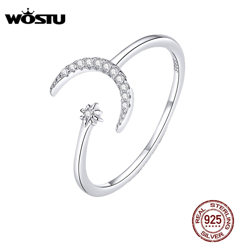 WOSTU Real 925 Sterling Silver Moon Wedding Opening Rings For Women Dazzling Zircon Adjustable Rings Fine Jewelry Gift CQR569