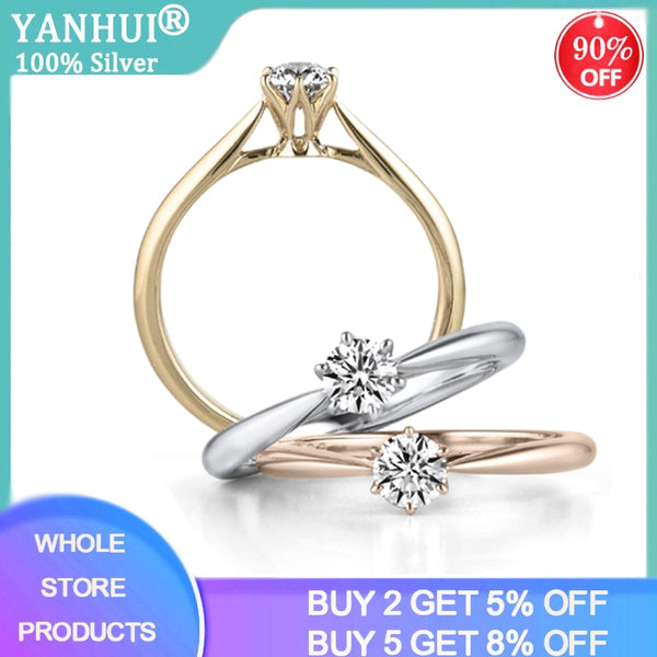YANHUI Authentic Tibetan Silver  Rings 0.5ct Round Zirconia Finger Rings for Women Wedding Original Jewelry JZ040