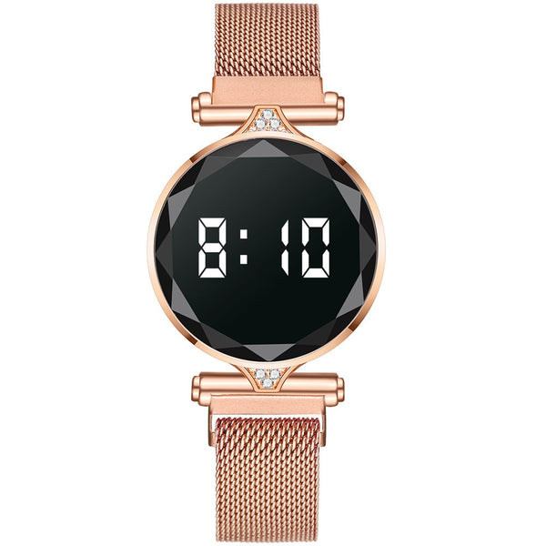 Luxury Digital Magnet Watches For Women Rose Gold Stainless Steel Dress LED Quartz Wristwatch Female Clock Relogio Feminino Drop
