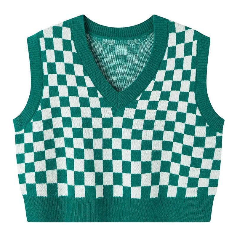 Checkerboard Plaid Sweater Vest For Women Vintage Print Knitted Mini Vest Casual Streetwear Harajuku Clothing Autumn Top