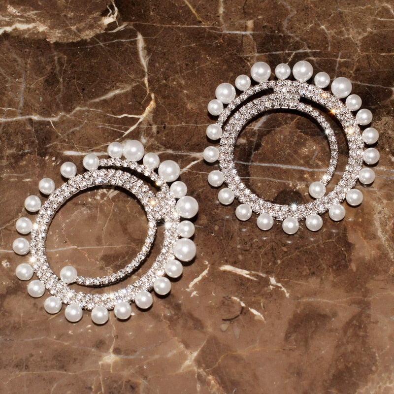 New Rhinestone Pearls Sun-Charms Big Dangle Earrings For Women Fashion Jewelry Exaggerated Ladys&
