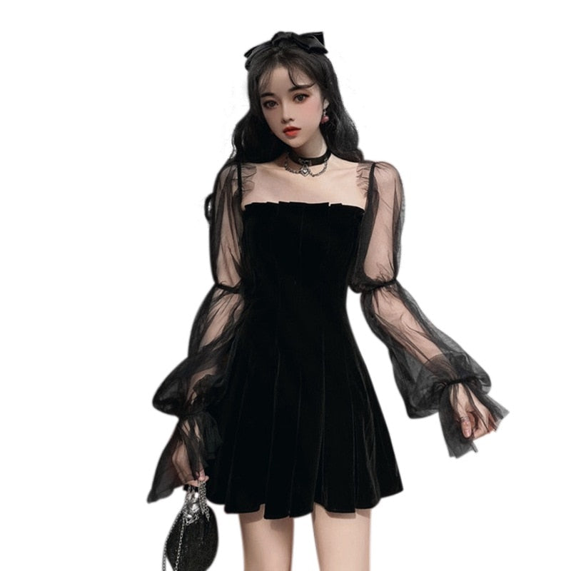 Fashion Mesh Stitching Bubble Sleeve Dresses Women Spring &Autumn Strapless Waist Puffy Dress Black