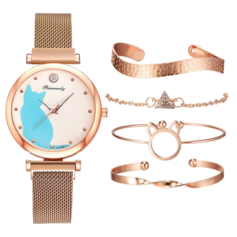 Fashion Watch Set Women 5pcs Quartz Wristwatch Mesh Bracelet Cat Dial Luxury Woman Watch Casual Ladies Clock Relogio Femenino