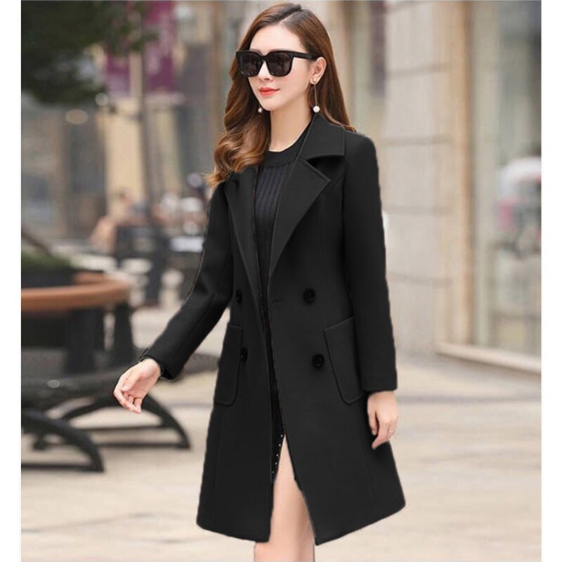 Woolen Coat Women Turn-Down Collar Double Breasted Coats Women 2021 Autumn Korean Slim Khaki Black Woolen Jacket Female LD1423