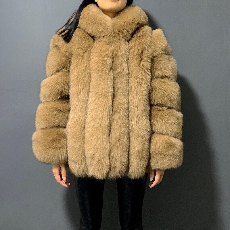 rf1991 Super Warm Women's Fashion Fox Fur Coat with Big Hood Genuine Leather Woman's Real Fur Jacket for Winter