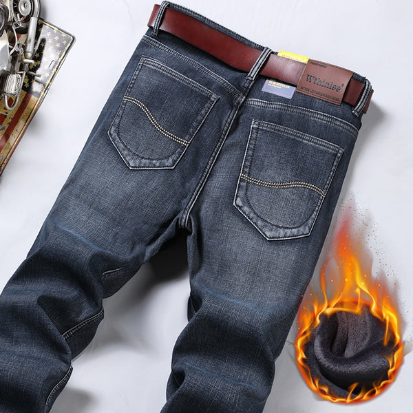 Classic Men&#39;S Regular Fit Fleece Jeans Business Fashion Loose Casual Stretch Pants Male Brand Plus Velvet Padded Warm Trousers