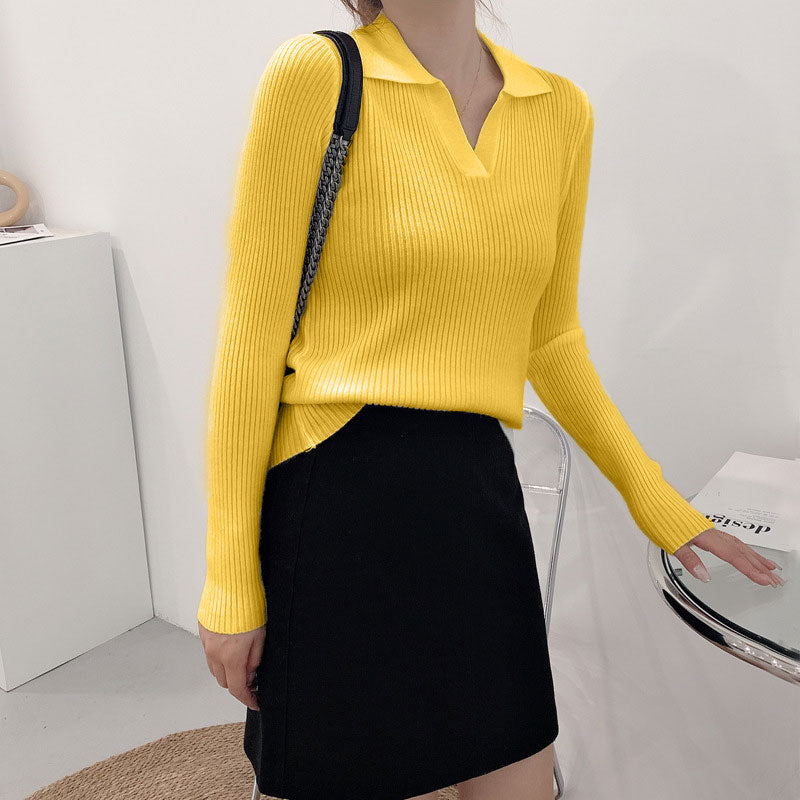 2022 New Lapel Polo Neck Knitted Bottoming Top Women's Autumn Winter Solid Color Base All Match Causal Sweater For Fashion