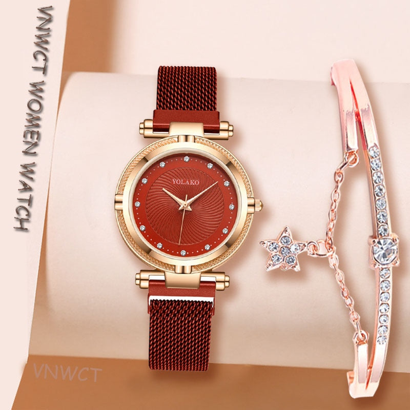 Women watch Bracelet Suit Diamond Dial Women Watches Fashion Rose Pink Magnet Buckle Ladies Quartz Wristwatches Simple Female