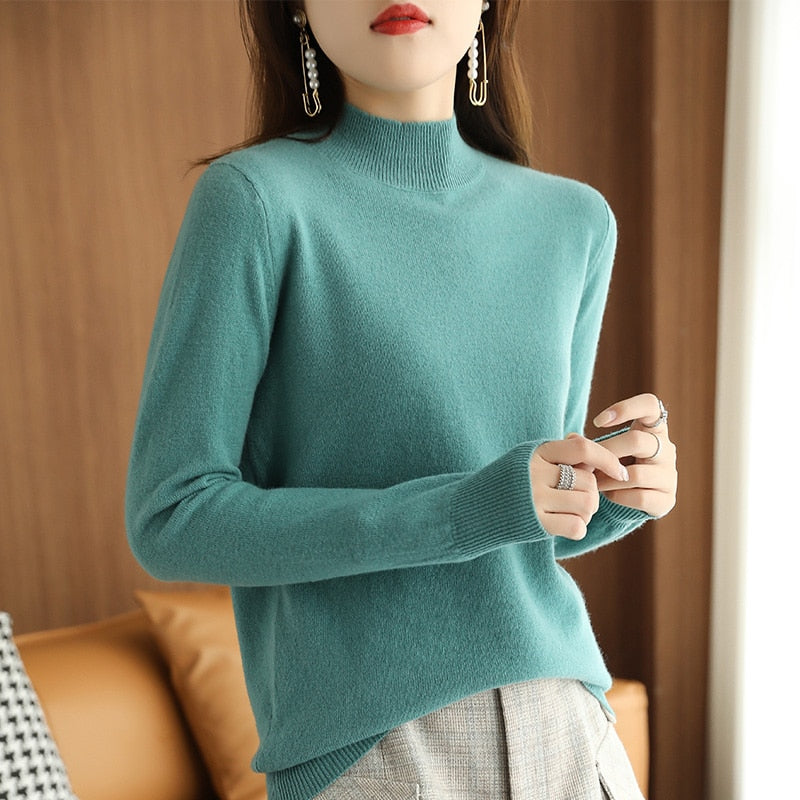 21 Autumn Winter New Half Turtleneck Sweater Women's Large Size Loose Basic Pure Color Wild Knitted Bottoming Shirt Soft Stretch