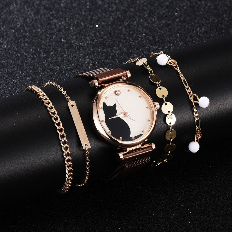 Fashion Watch Set Women 5pcs Quartz Wristwatch Mesh Bracelet Cat Dial Luxury Woman Watch Casual Ladies Clock Relogio Femenino