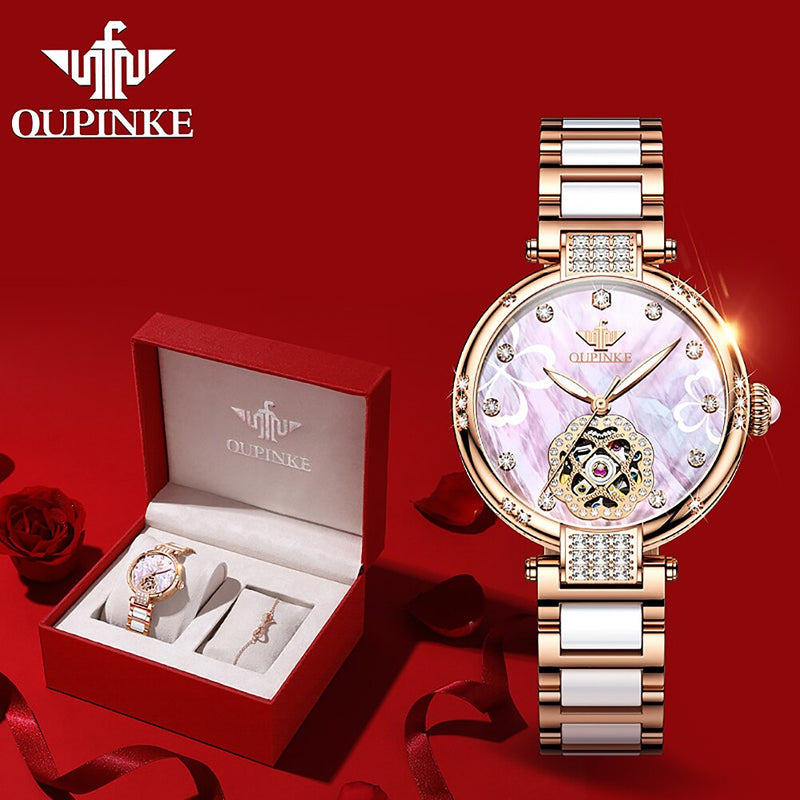 OUPINKE Top Luxury Brand Automatic Mechanical Women Watch Tungsten Steel Watchstrap Waterproof Gift Automatic Watches Women 3183