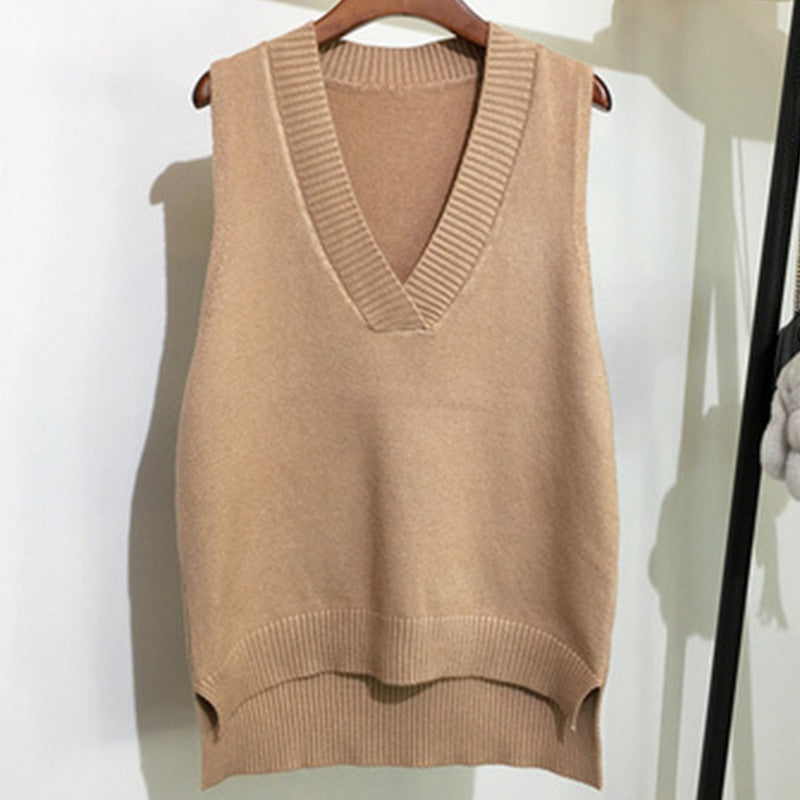 Autumn Women's Sweater Vest V-neck Sleeveless Irregular Casual Loose Knitted Pullover Tops Female Outerwear