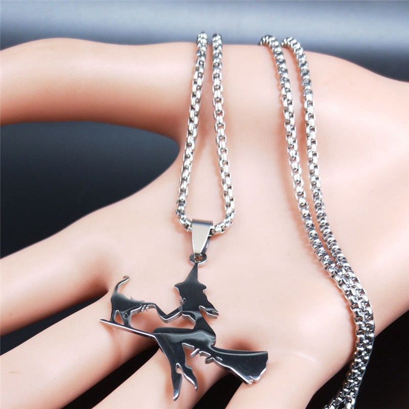 Witch Broom Cat Stainless Steel Necklace Women Witchcraft Silver Color Witches&