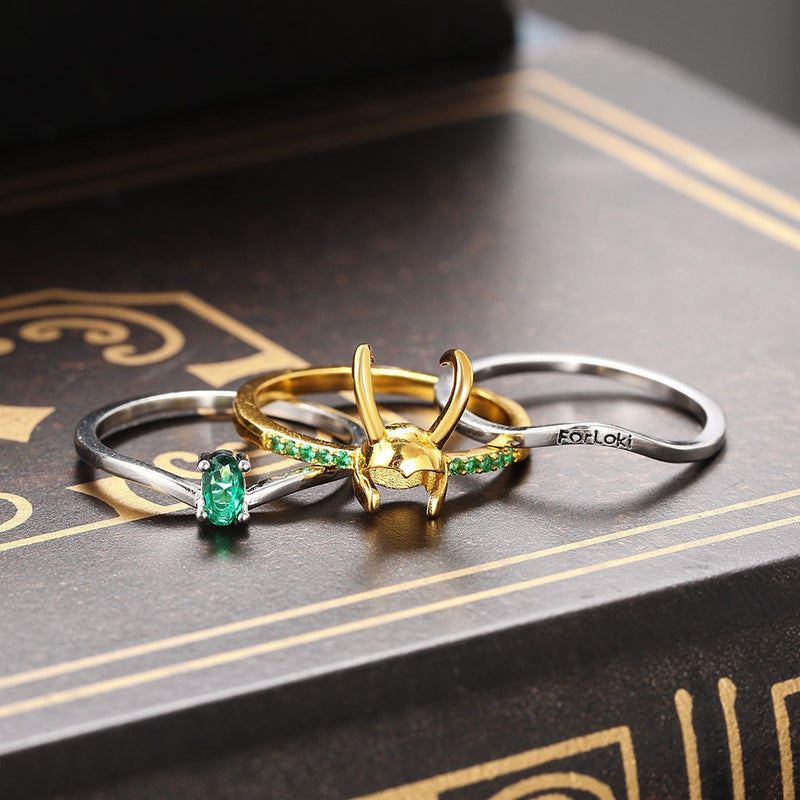 Loki Ring Sets For Women Superhero Thor Green Crystal Matching Crown Helmet Rings Stacking Jewelry Unisex Cosplay Accessories 03