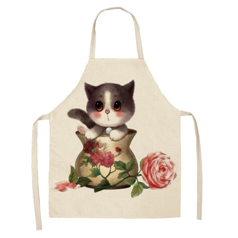 Kitchen Apron Home Cleaning Tools Cotton Linen Waterproof 68x55cm Sleeveless Waist Bib Easy Cleaning Cute Cartoon Cat Printed