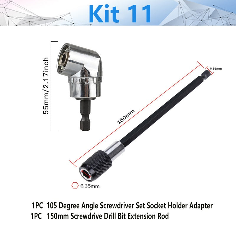 Adjustable 105 Degree Right Angle Driver Screwdriver  Tools Set 1/4 Hex Shank For Power Drill Screwdriver Bits Tools