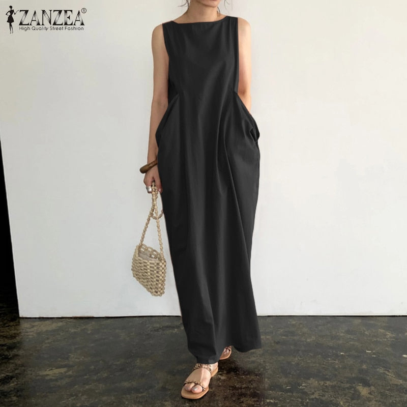 Elegant Solid Maxi Dress Women's Summer Sundress ZANZEA 2022 Casual Sleeveless sarafans Vestidos Female Cotton Robe