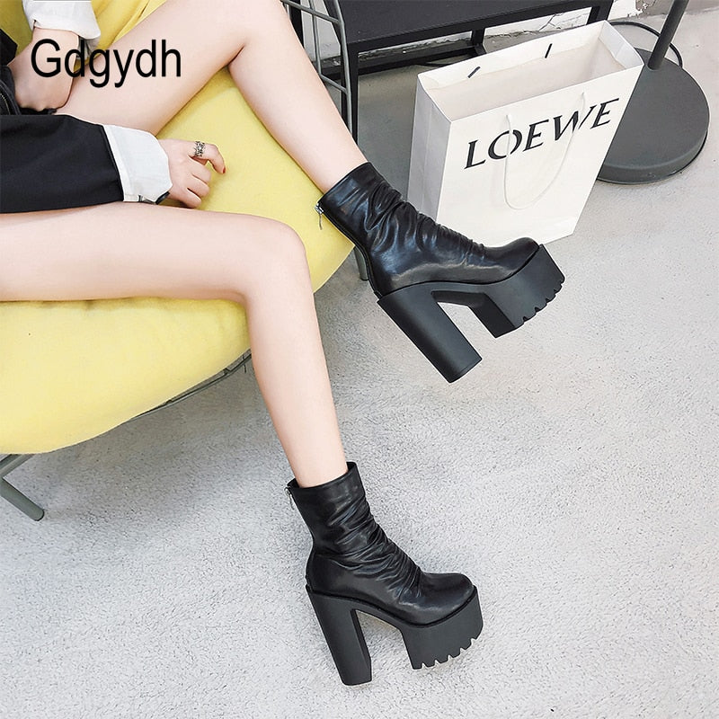 Gdgydh 2022 New Autumn Winter Platform Boots High Heels Back Zipper Black White Short Boots For Women Waterproof Gothic Shoes
