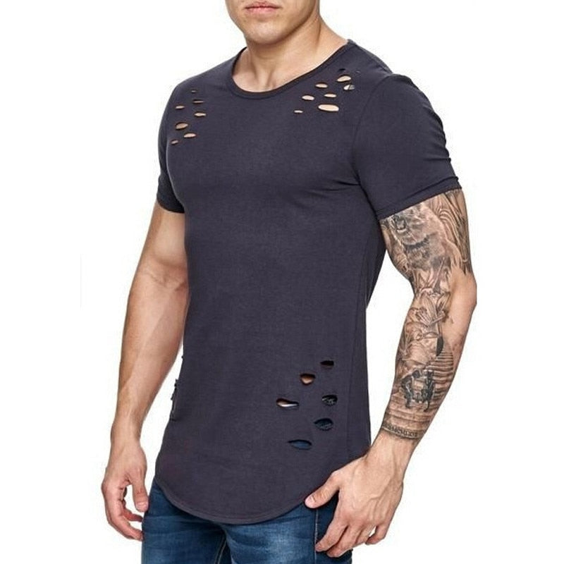 IceLion 2021 New Spring Short T Shirt Men Fashion Hole Design Fitness T-shirt Summer Short Sleeve Solid Slim Fit Hip Hop Tshirt