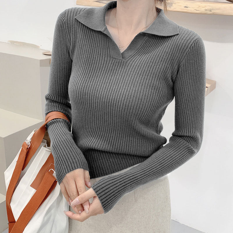 2022 New Lapel Polo Neck Knitted Bottoming Top Women's Autumn Winter Solid Color Base All Match Causal Sweater For Fashion