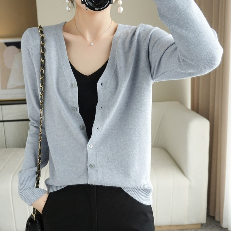 Spring Autumn New V-Neck Knitted Cardigan Women's Loose Large Size Thin Sweater All-Match Jacket Pure Color Basic Small Cardigan