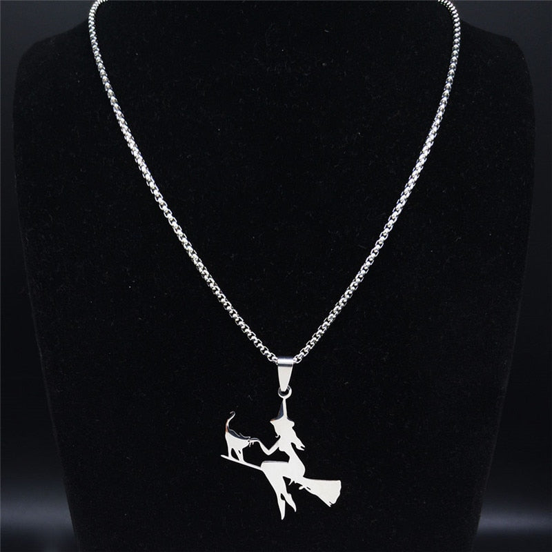 Witch Broom Cat Stainless Steel Necklace Women Witchcraft Silver Color Witches&