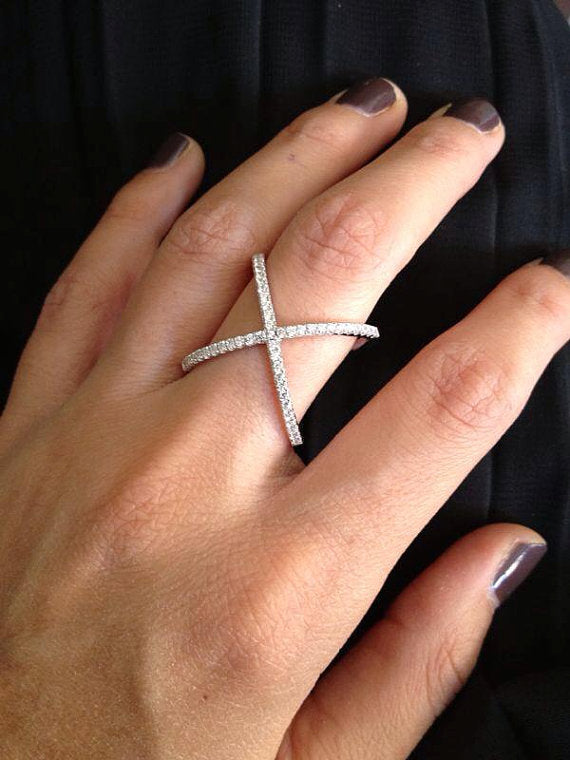 Sterling Silver 925 Criss Cross X Cross Rings, Cross Rings, thin CZ rings,women wedding Micro Pave Ring