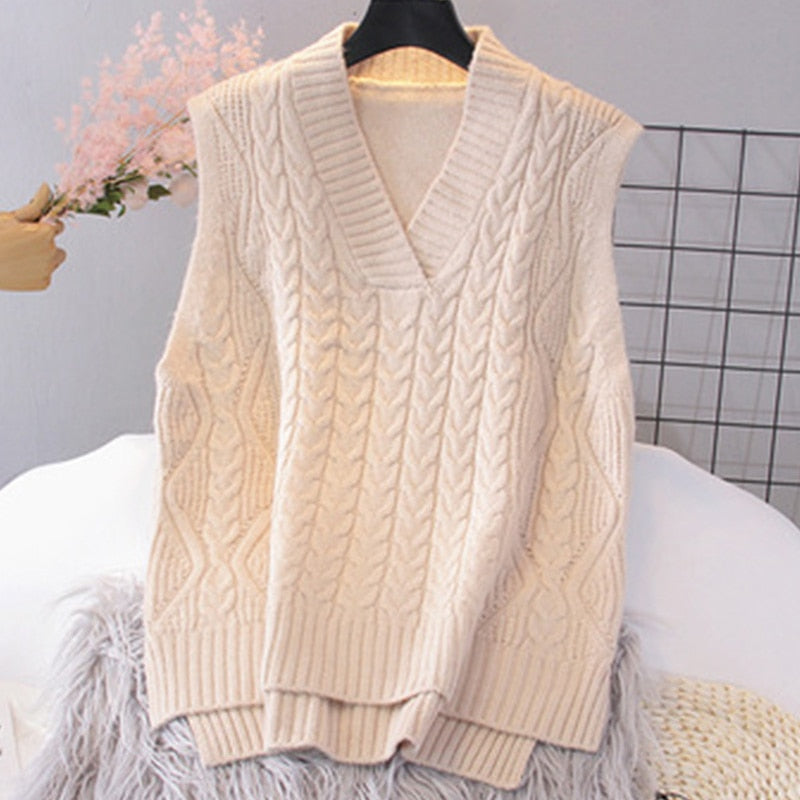 Autumn Women's Sweater Vest V-neck Sleeveless Irregular Casual Loose Knitted Pullover Tops Female Outerwear